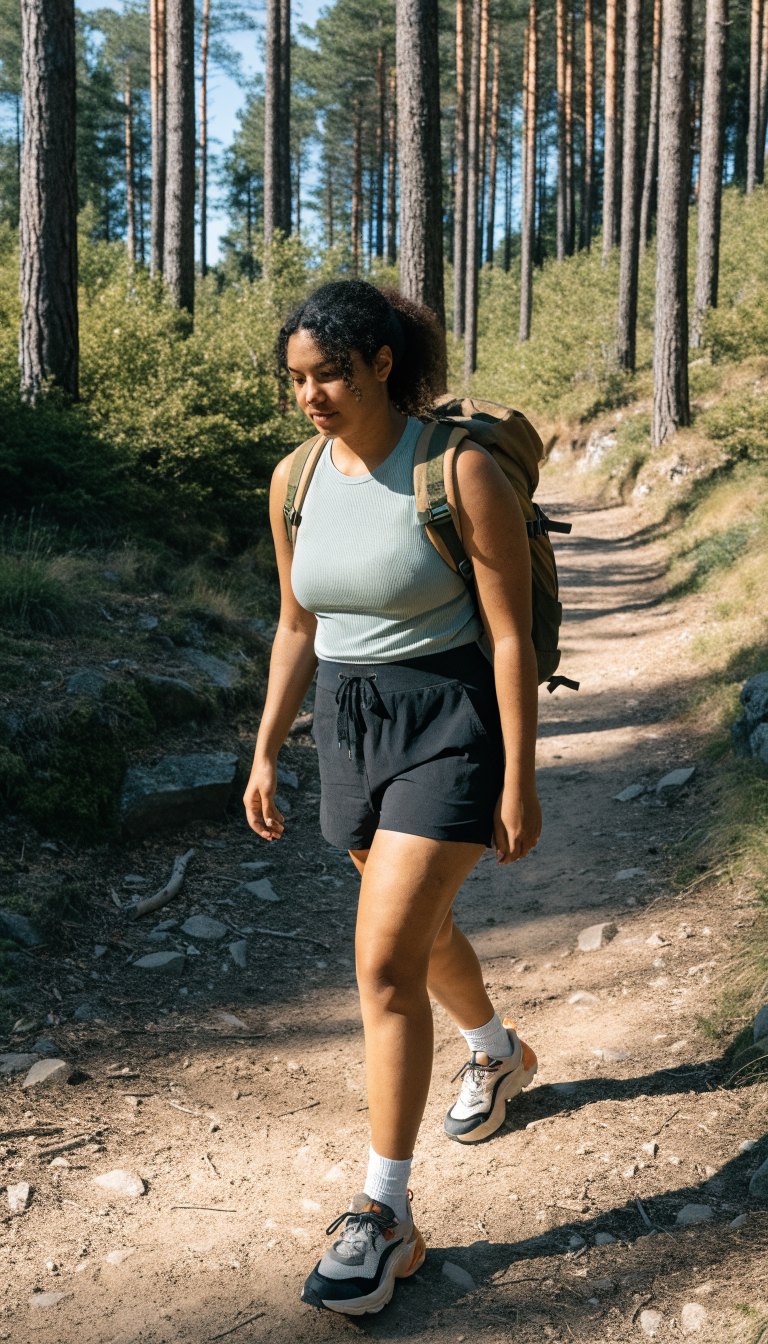 Plus-size woman hiking in tank and shorts on a sunny forest trail