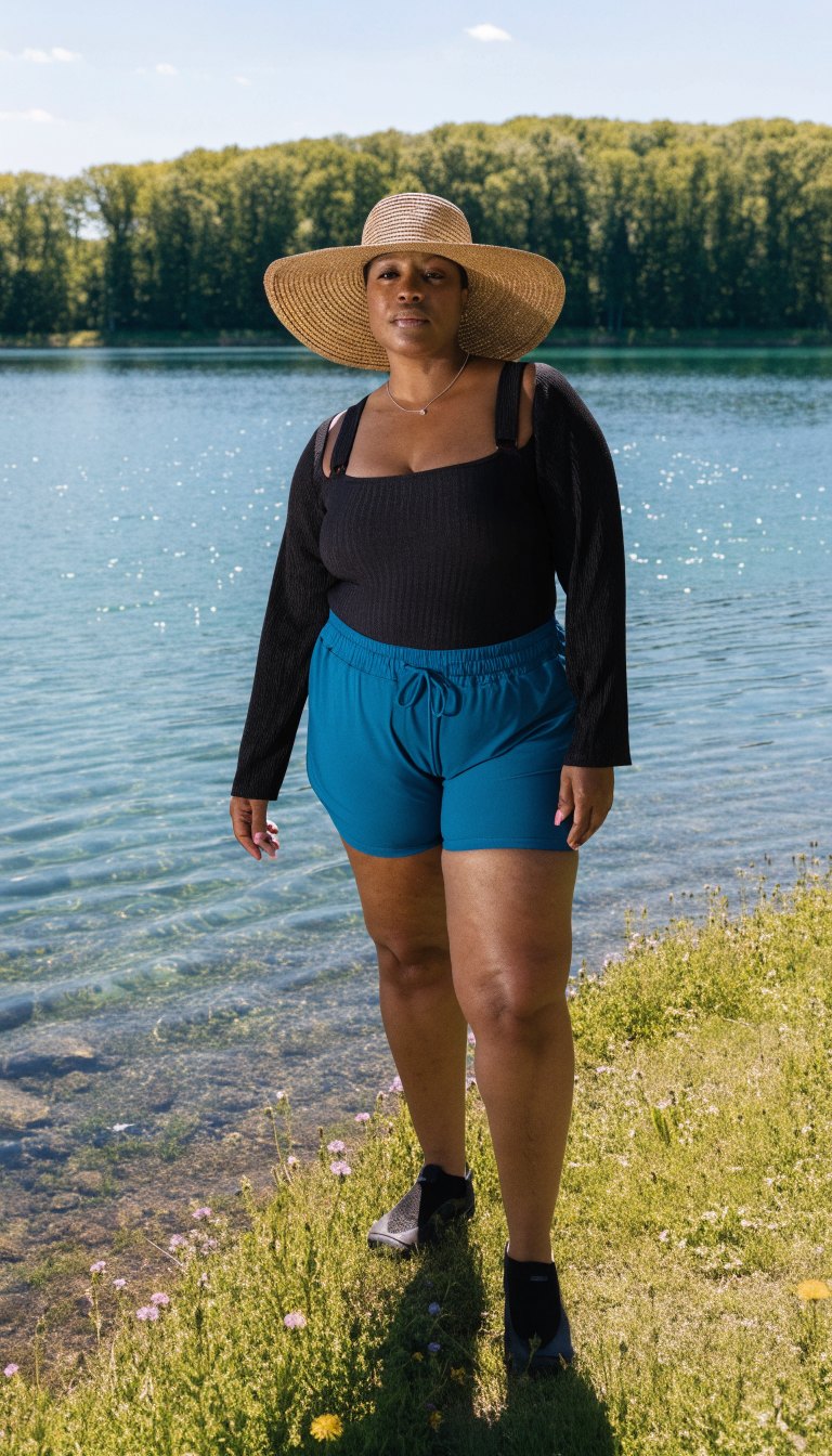 Plus-size woman in swim top and shorts at a lake shore
