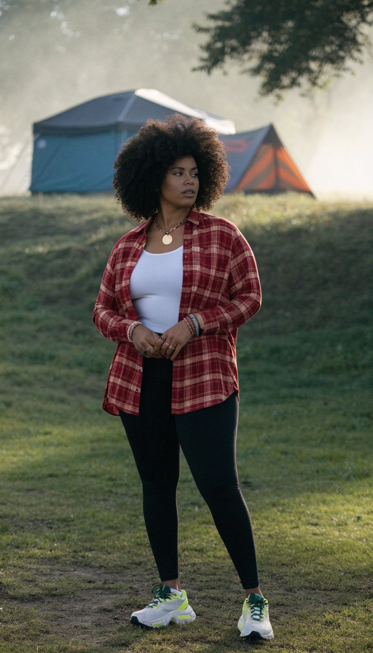 Plus-size woman in plaid shirt and leggings on a cool camp morning