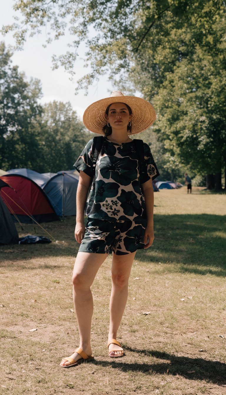 Plus-size woman in matching printed shorts set and sun hat
