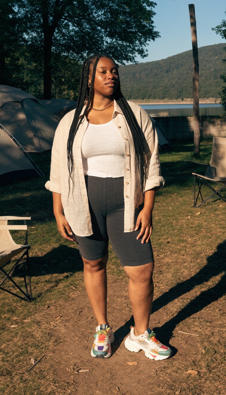 Plus-size woman in linen shirt and biker shorts at a campsite