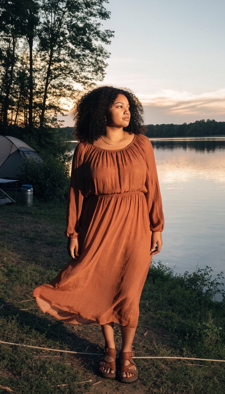 Plus-size woman in flowy midi dress and sandals by the lake at sunset