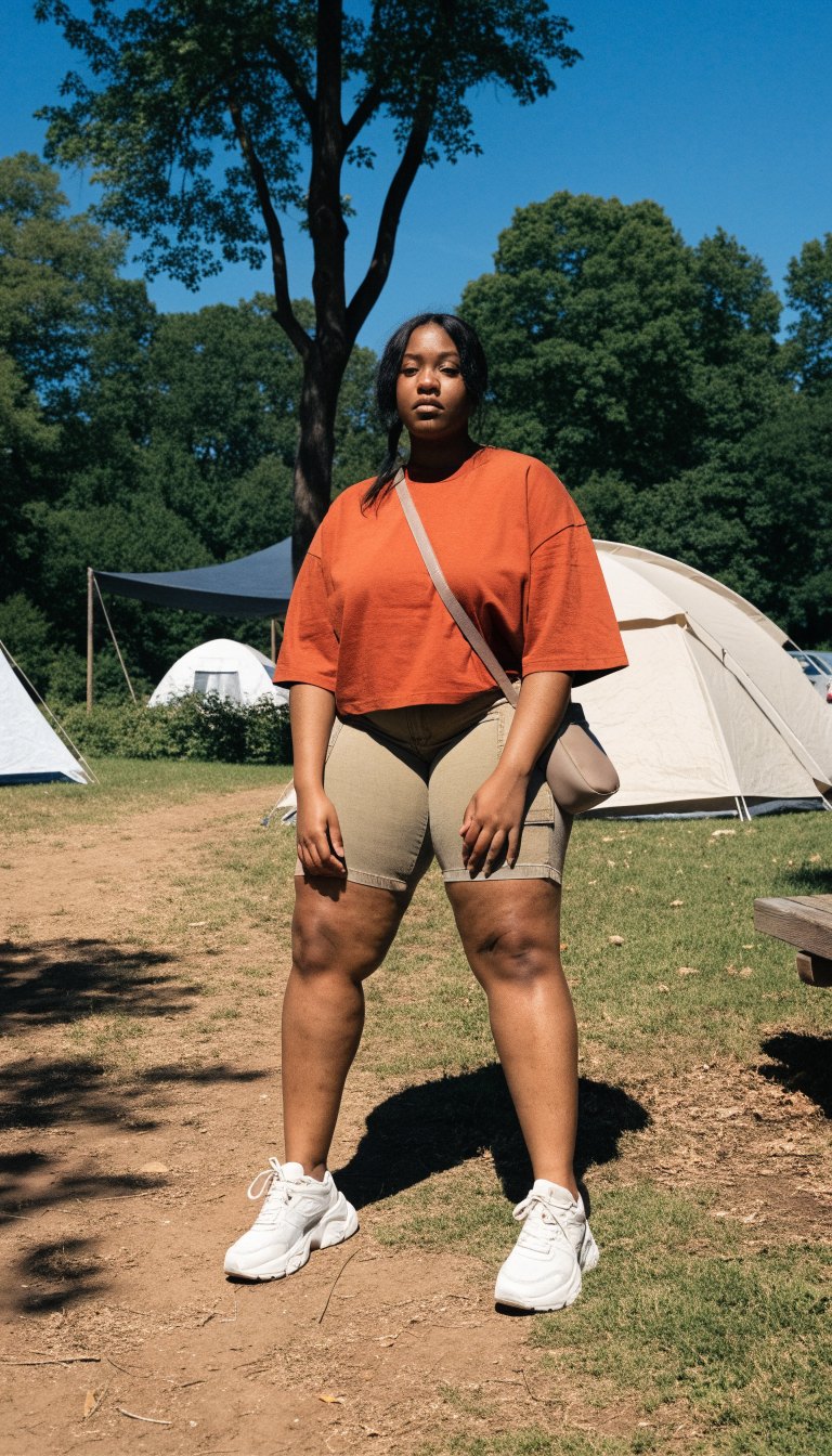 Plus-size woman in oversized tee and cargo shorts at campground