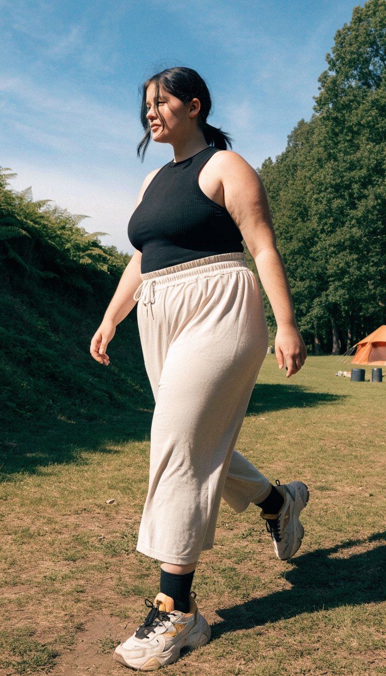 Plus-size woman in sports tank and wide-leg pants at camp