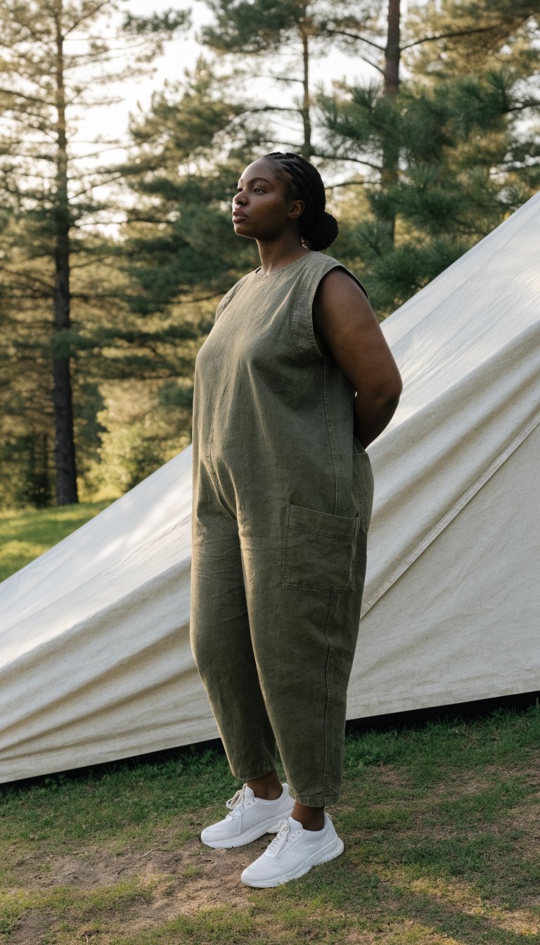 Plus-size woman in sleeveless jumpsuit outside a tent