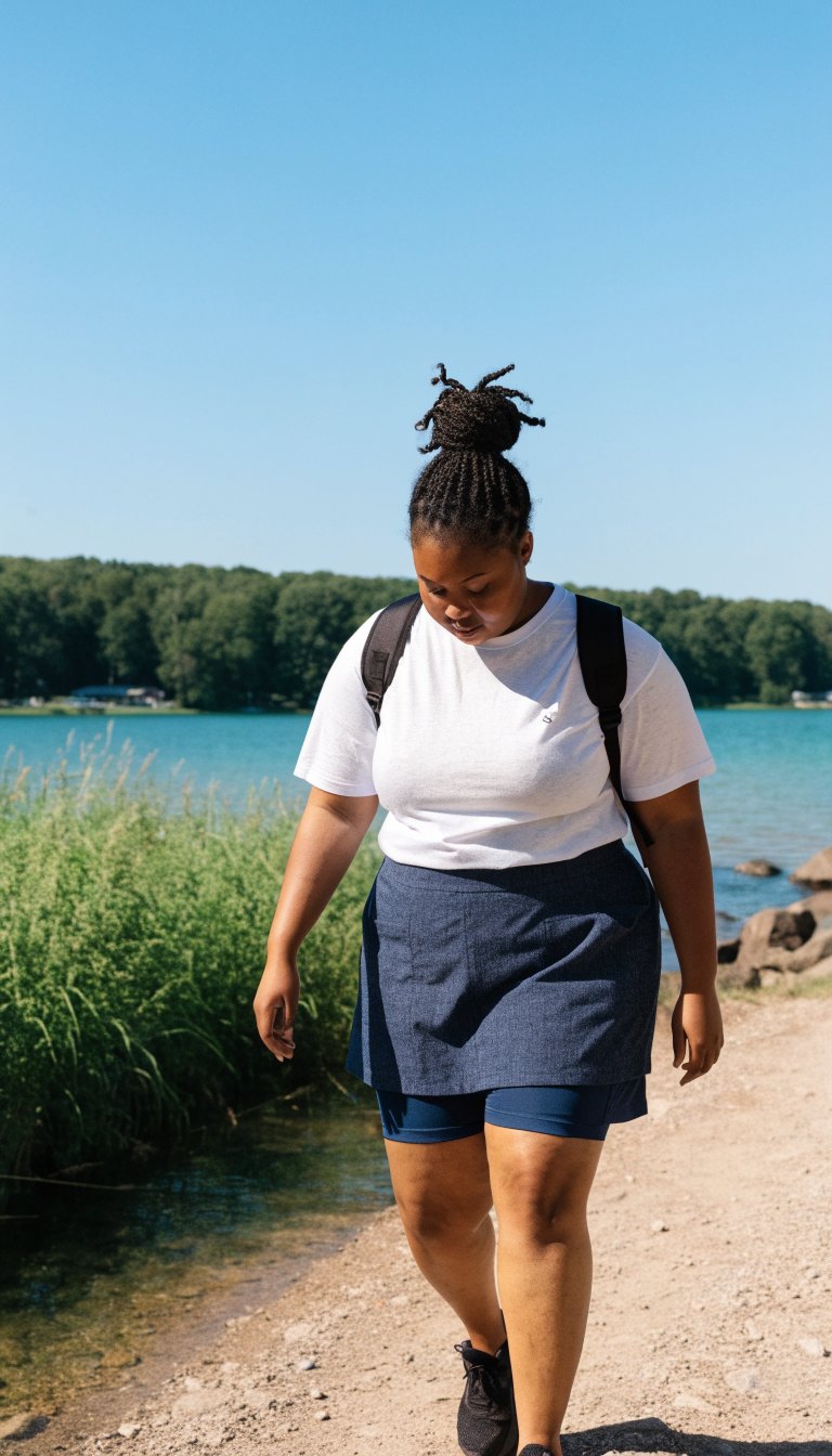Plus-size woman in tee and skort walking by a lake