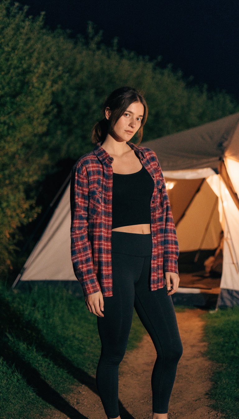woman wearing flannel shirt over tank with black leggings arriving at campsite at night