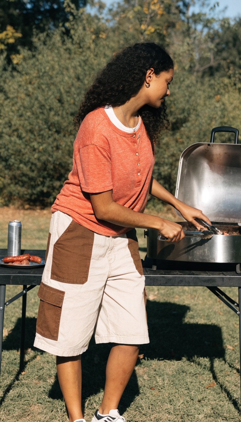 woman in henley top and cargo shorts cooking at camp grill