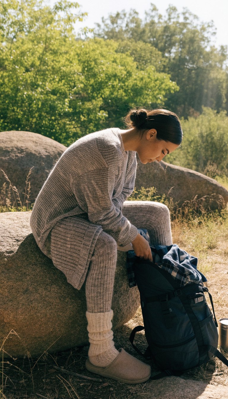 woman in thermal pajamas cardigan and wool socks with camp slippers packing camp