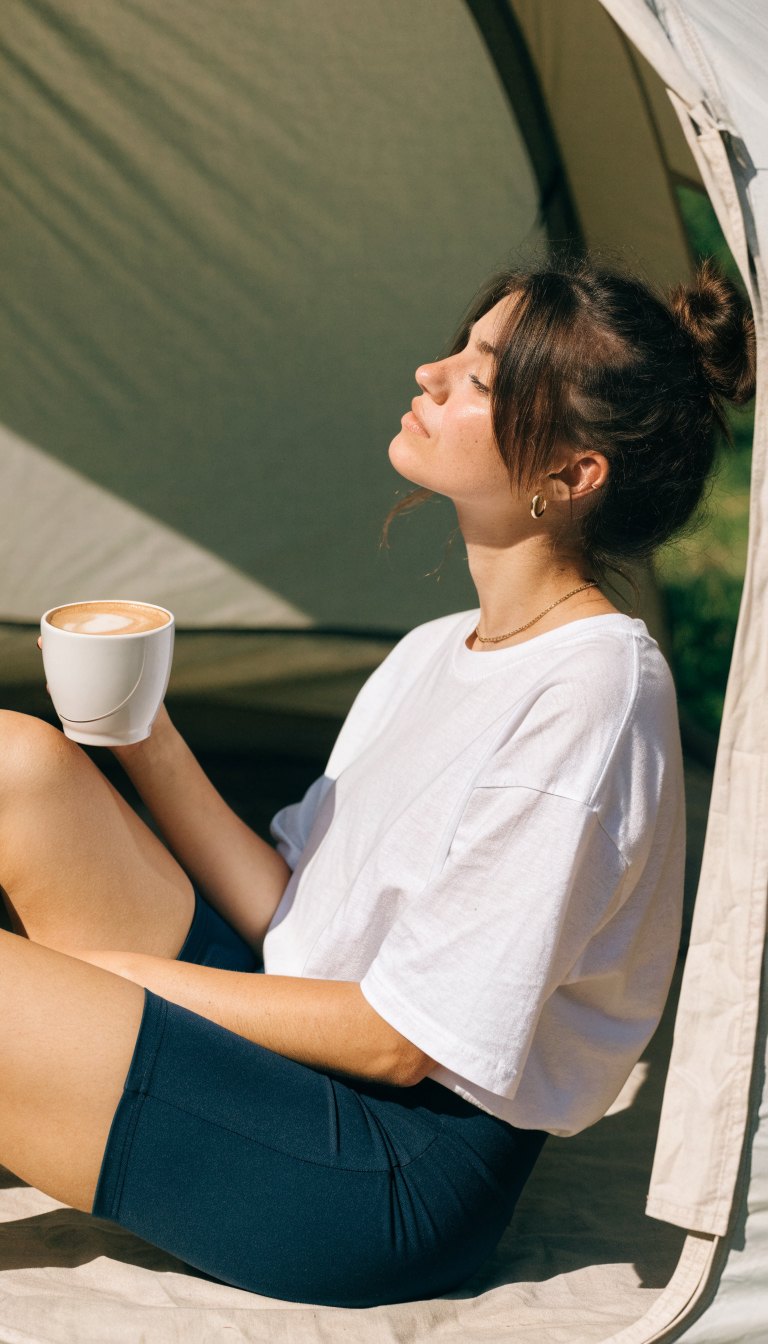 woman in oversized cotton tee and biker shorts relaxing at tent with coffee