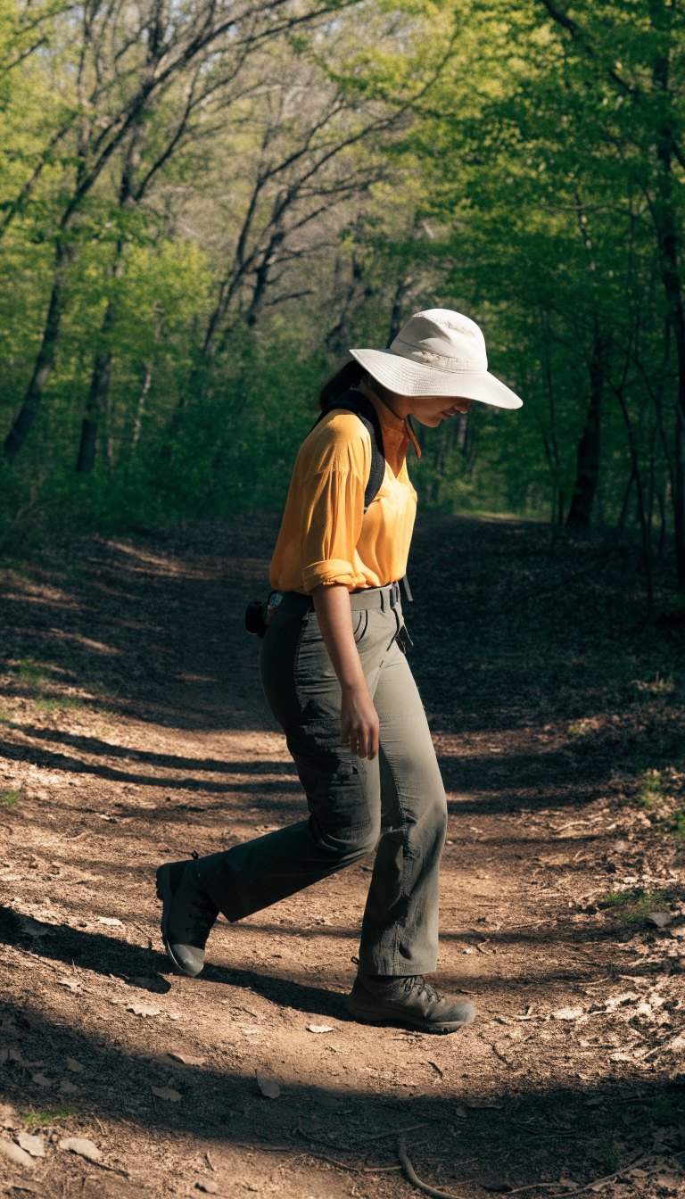 hiker wearing long sleeve sun shirt and cargo pants with hiking boots on forest trail