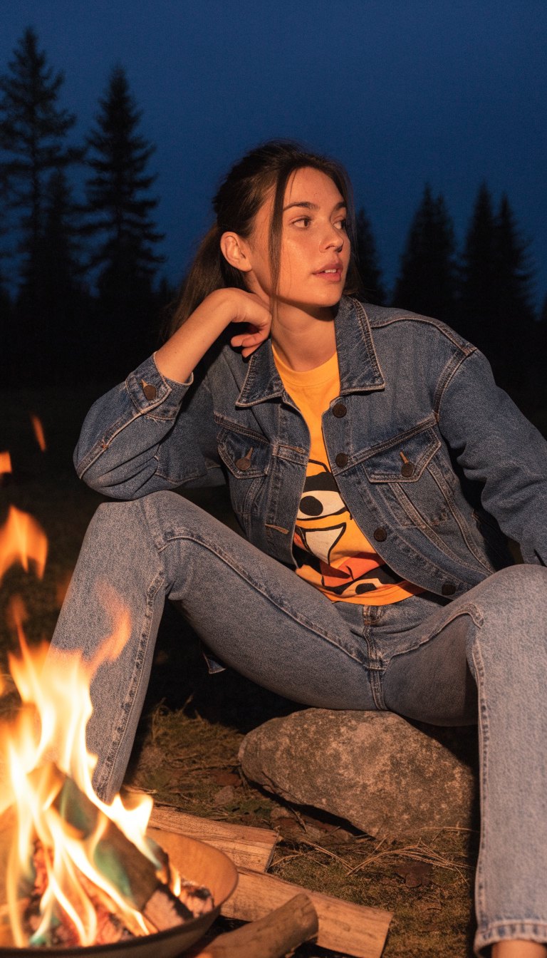 woman in denim jacket and graphic tee with jeans sitting by campfire at night