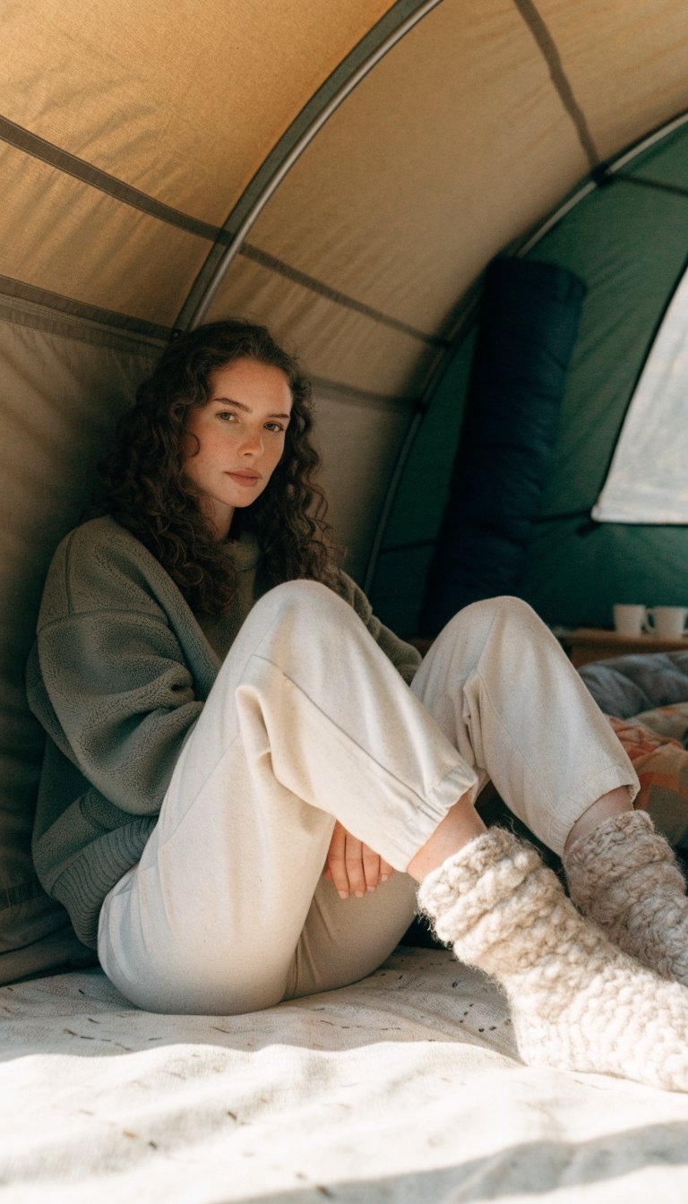 woman in cozy fleece pullover and joggers with wool socks inside tent