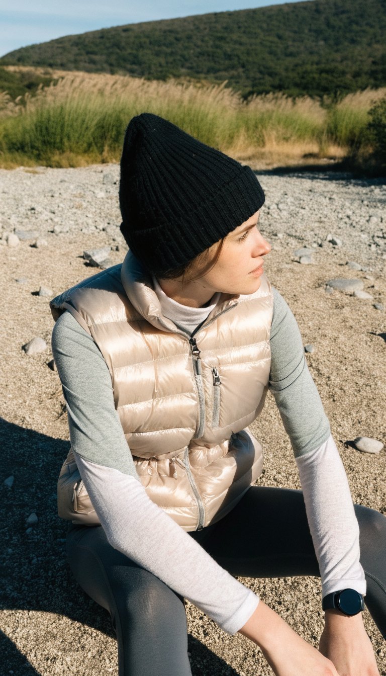 woman wearing puffer vest over thermal long sleeve with leggings and beanie at cold campsite morning