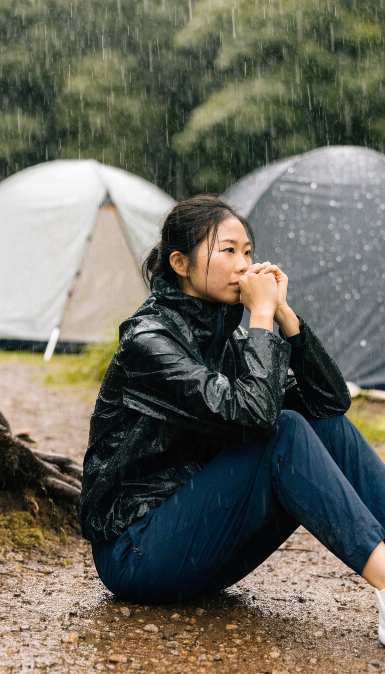 woman in waterproof rain shell jacket and quick dry pants in rainy campsite