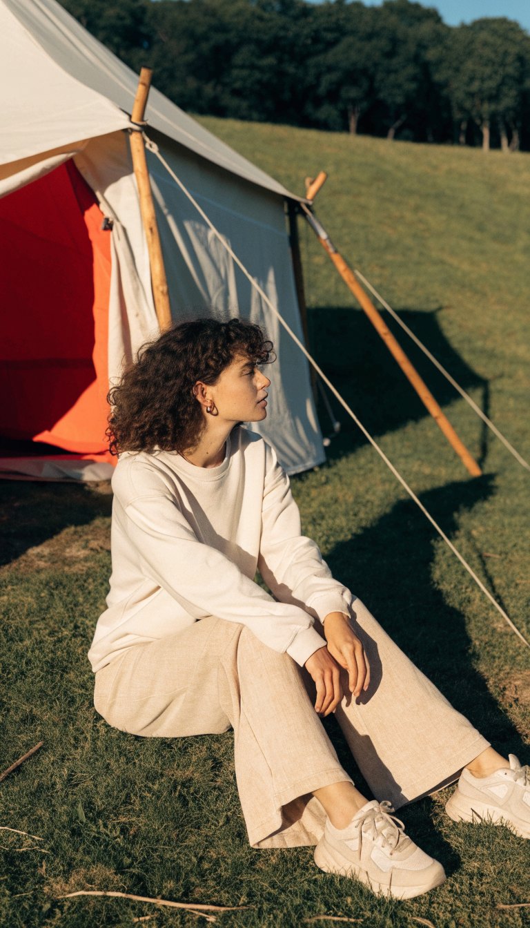woman in soft sweatshirt and wide leg pants with sneakers at glamping tent