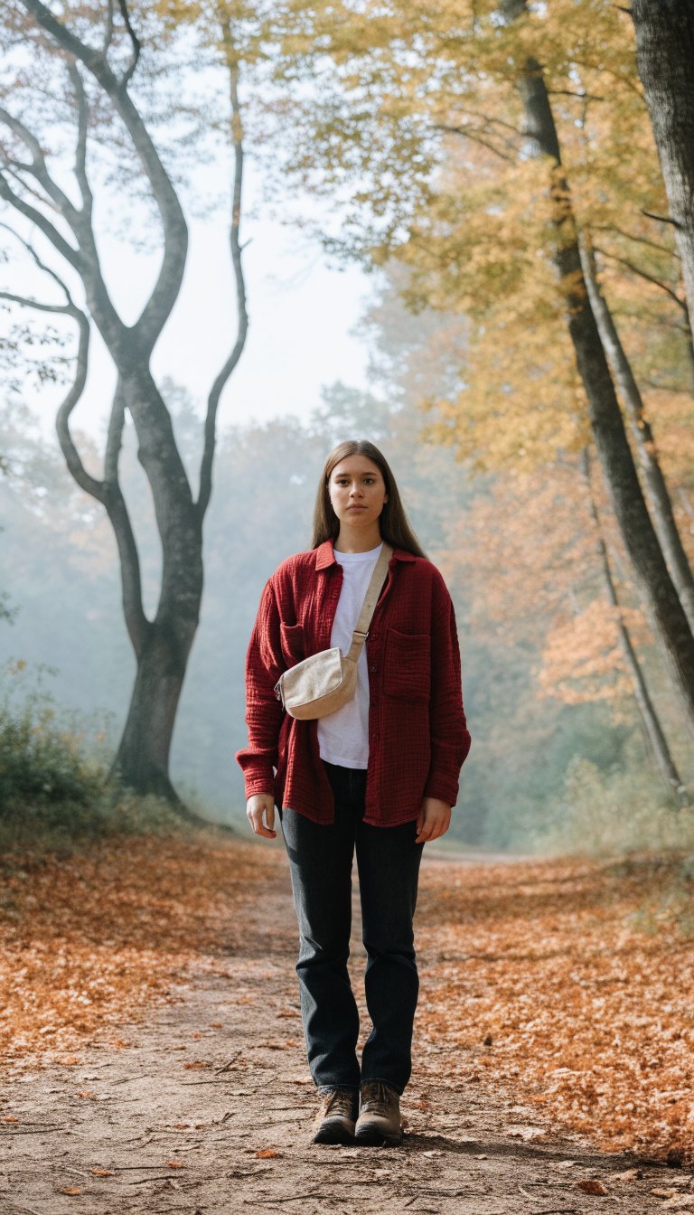Woman in red flannel shirt and dark jeans on a foggy fall trail