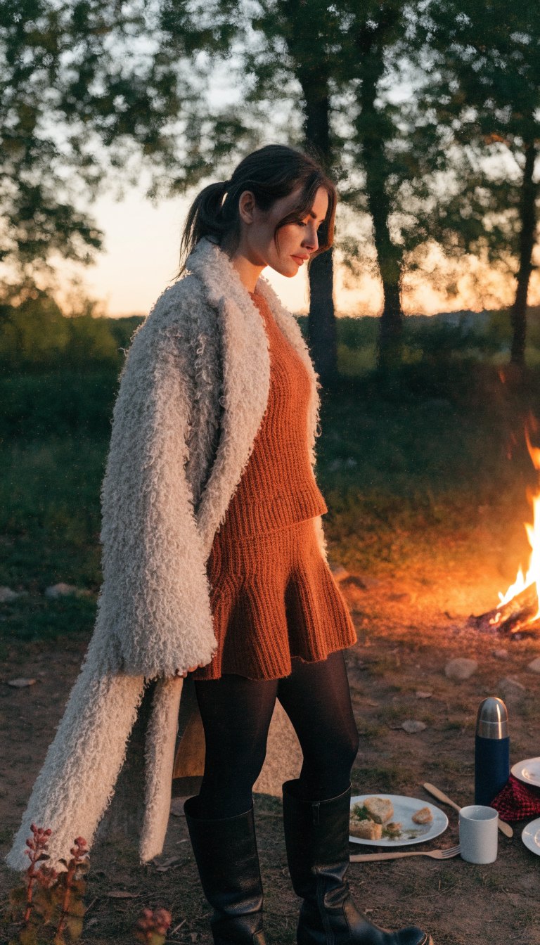 Woman in rust sweater dress and knee boots by fire
