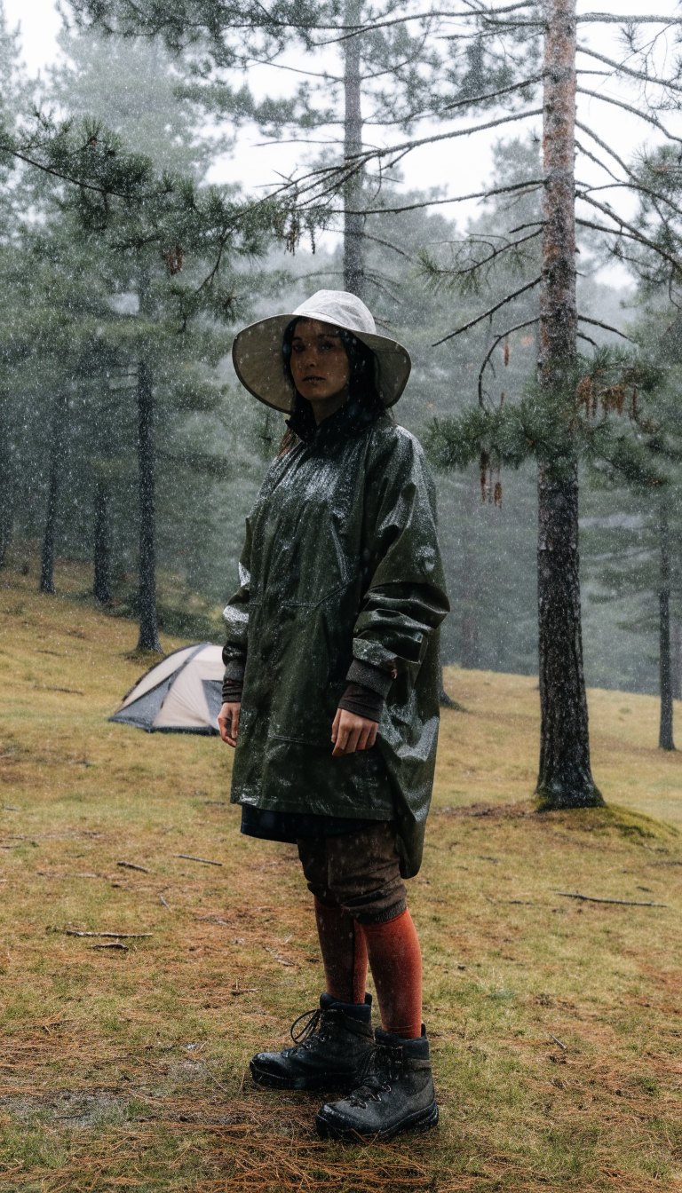Woman in olive rain shell in rainy fall forest camp