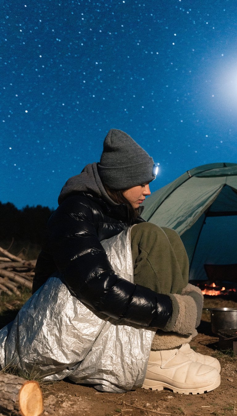 Woman in black puffer and beanie stargazing at night camp