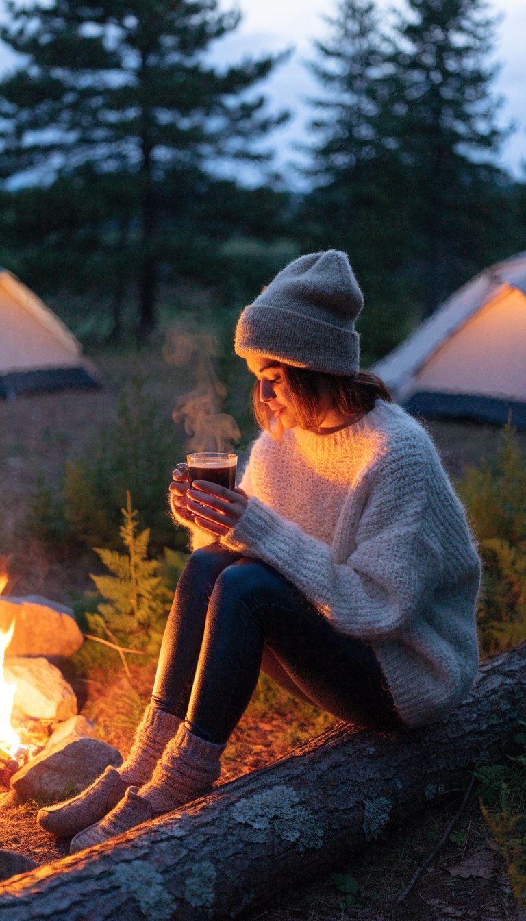 Woman in cream chunky knit and leggings by a campfire