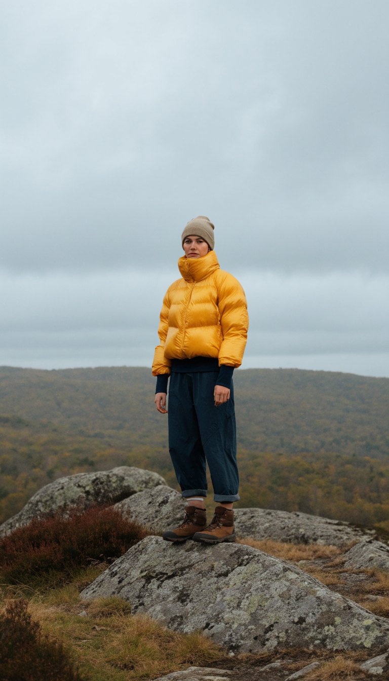 Woman in mustard puffer and navy layers on a gray morning