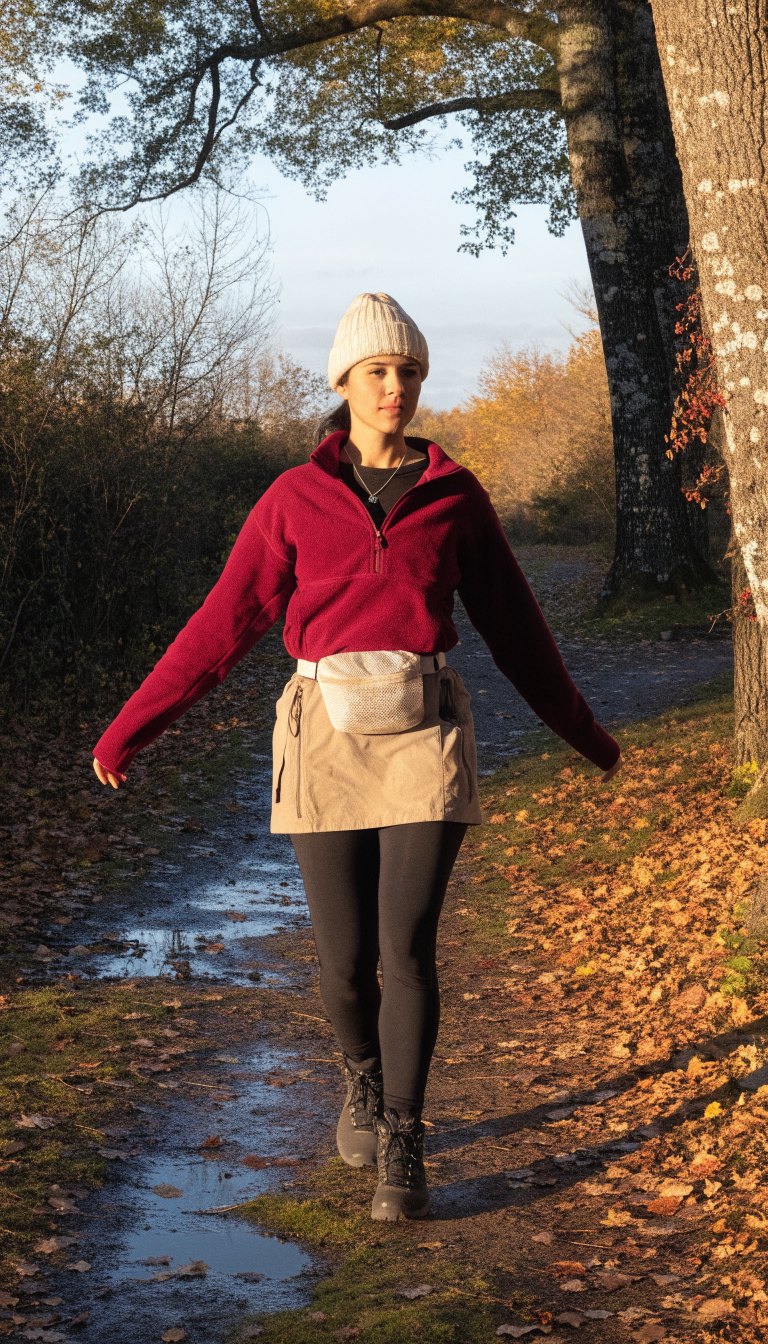 Woman in burgundy fleece and hiking skirt on fall trail