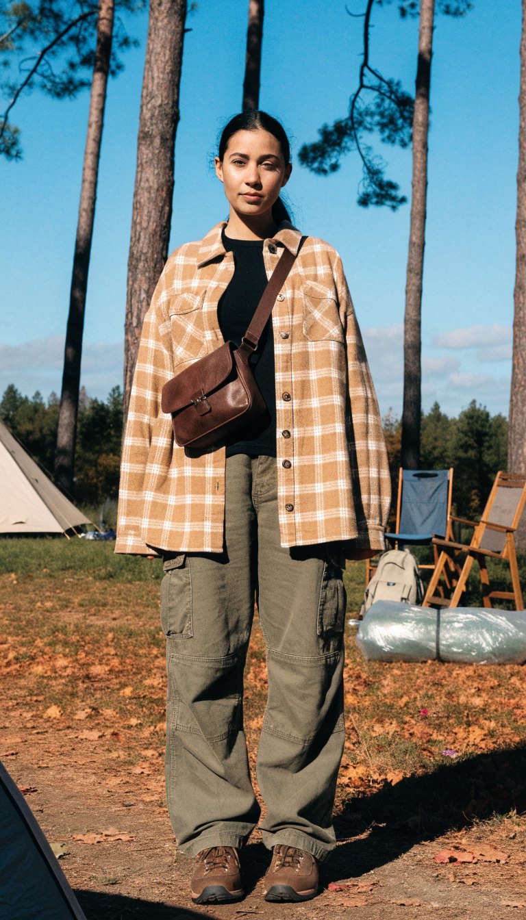 Woman in tan shacket and olive cargo pants at campsite
