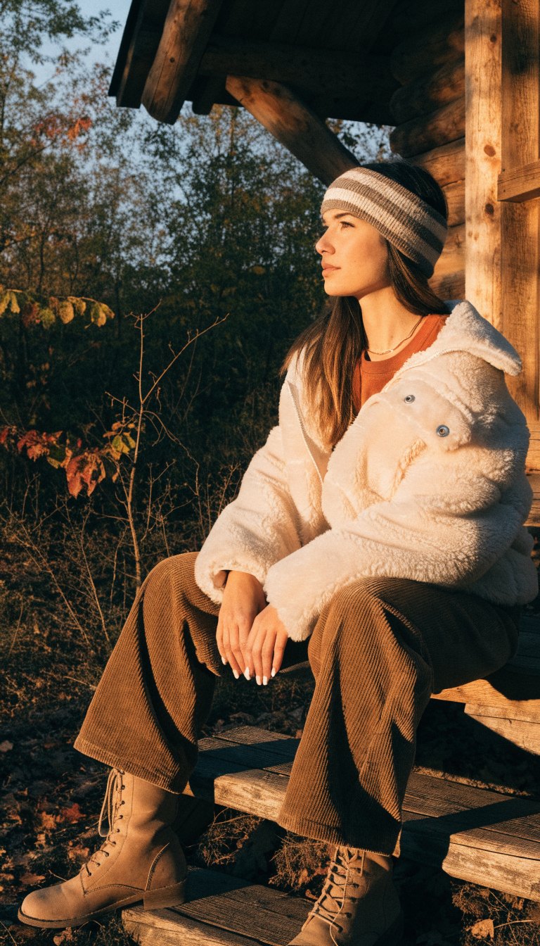 Woman in cream sherpa jacket and corduroy pants by cabin