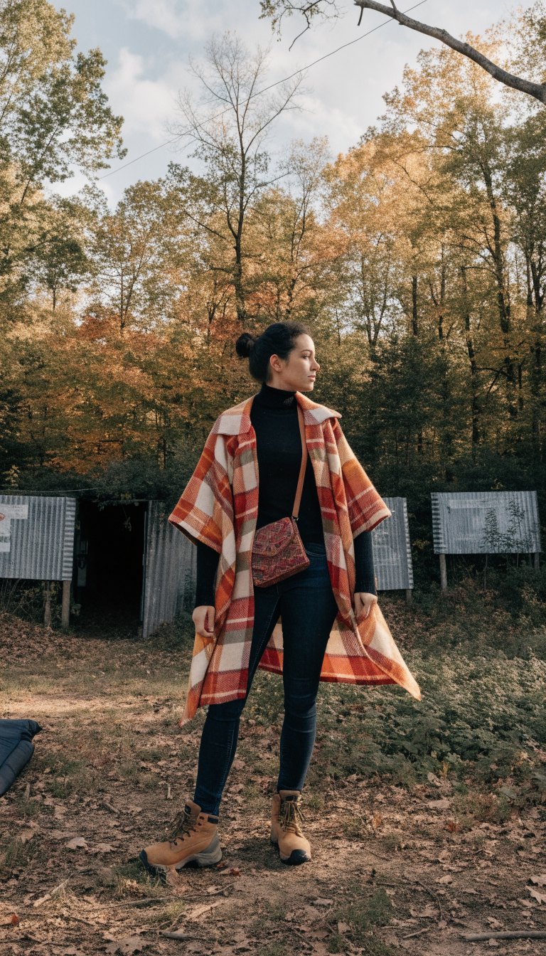 Woman in plaid poncho and black turtleneck at campsite