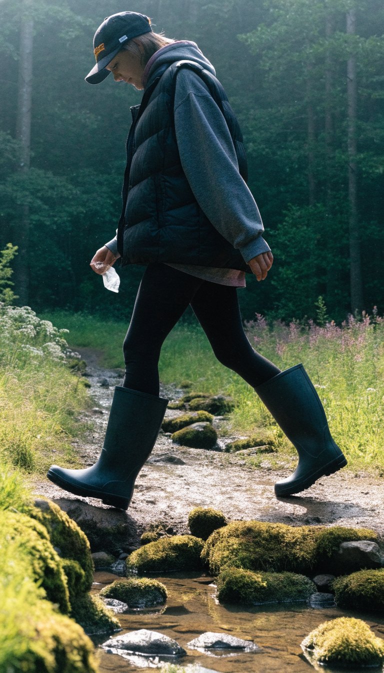 Woman in quilted vest and hoodie crossing a wet trail