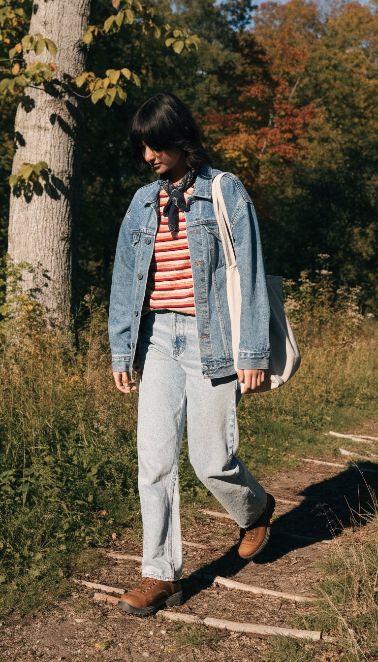 Woman in denim jacket and jeans with leather boots outdoors