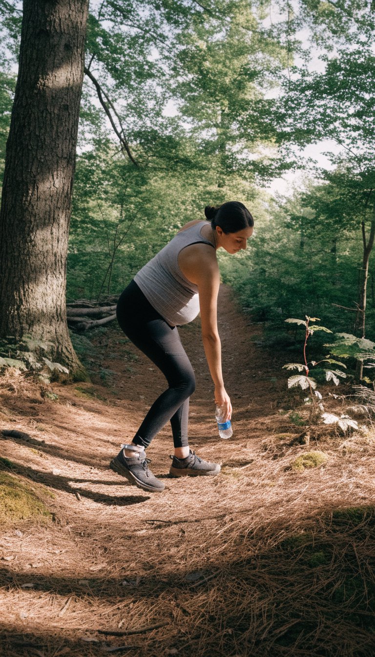 Pregnant woman in black leggings and long tank top on a forest trail