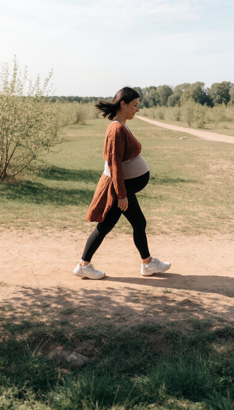 Pregnant woman in leggings and support belt on a long walk