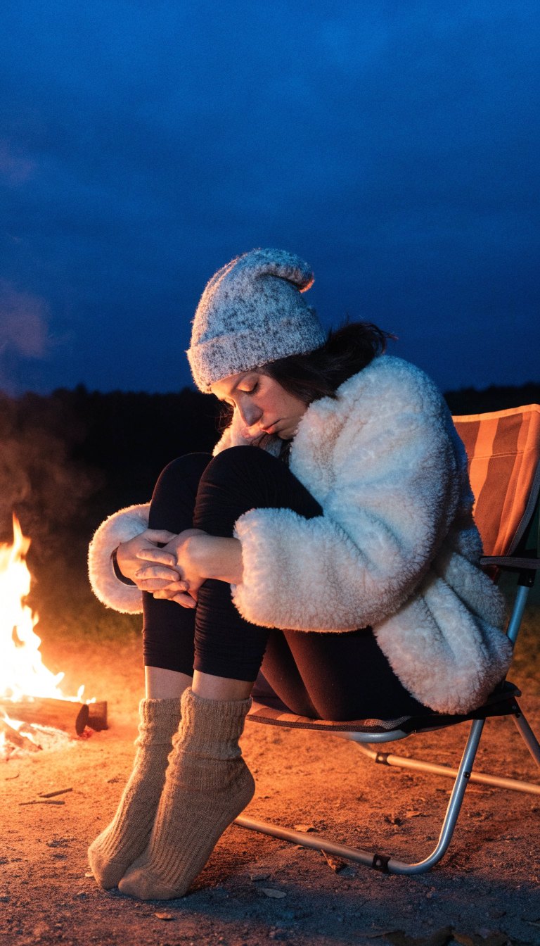Pregnant woman in sherpa fleece and leggings by cold campfire