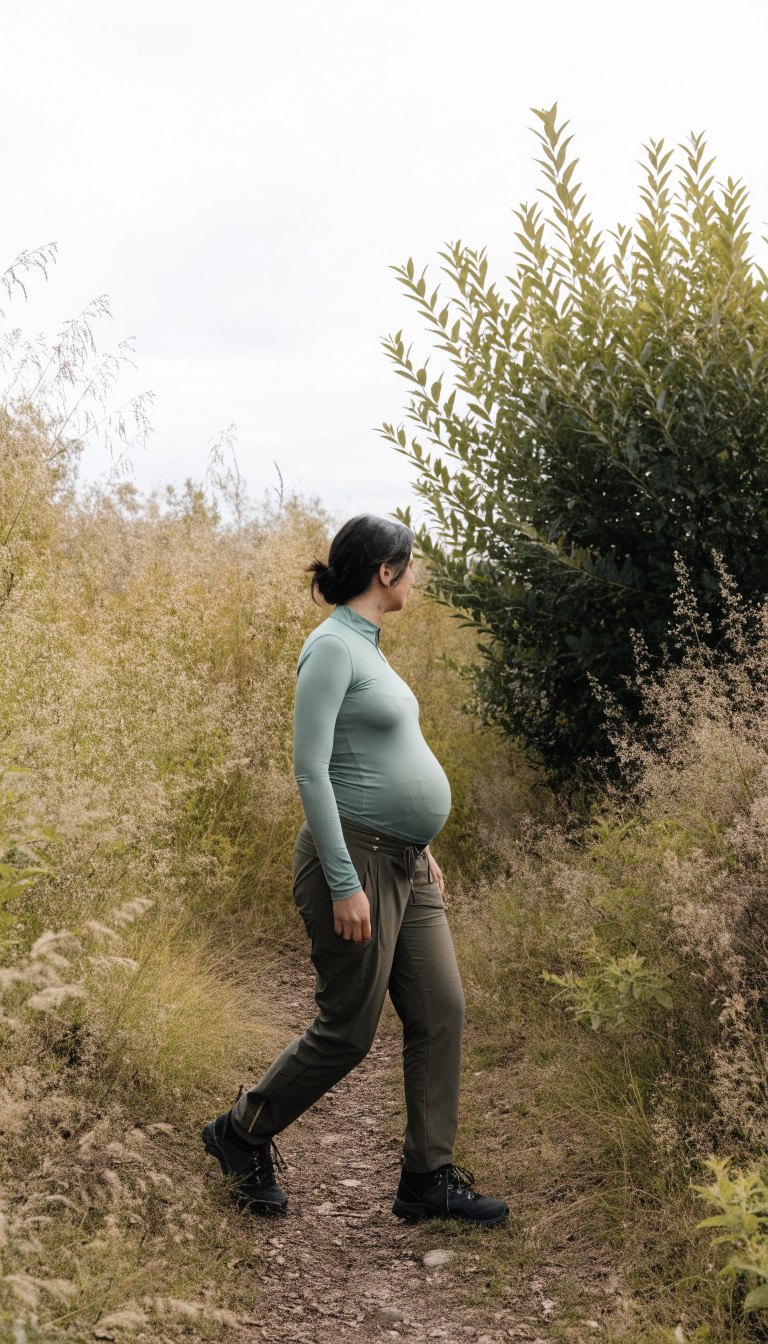 Pregnant woman in hiking pants and wicking top on brushy trail