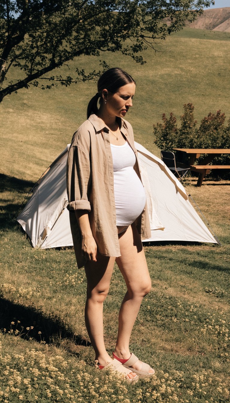 Pregnant woman in maternity shorts and loose shirt doing camp chores