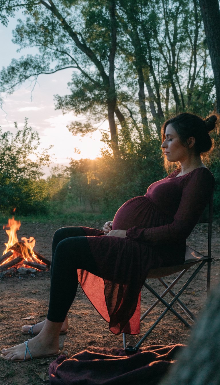 Pregnant woman in midi dress over leggings by evening campfire