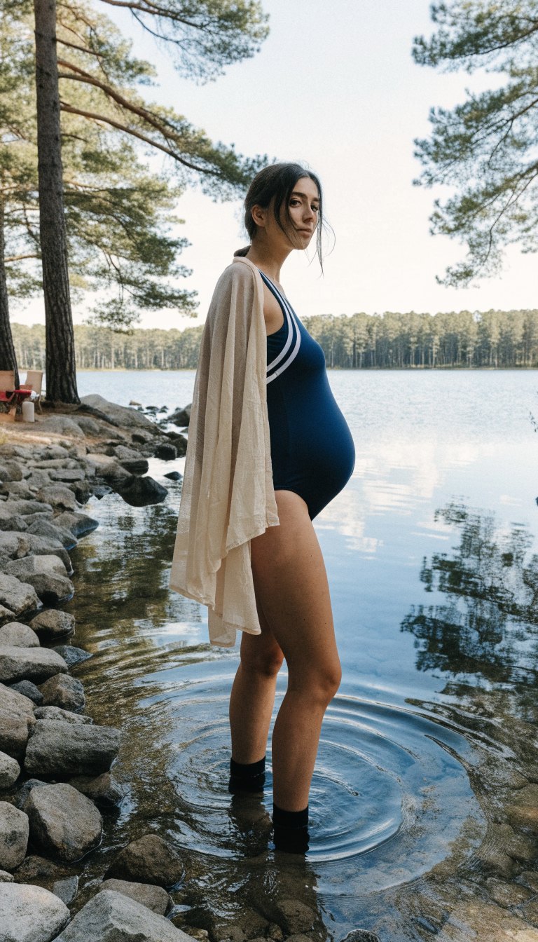 Pregnant woman in swimsuit and cover-up wading in a lake