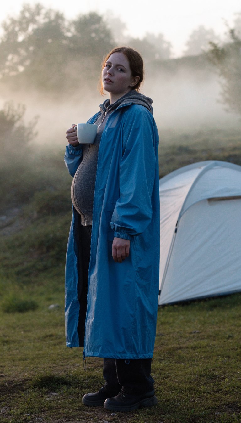 Pregnant woman in base layer, fleece and rain jacket on cold morning