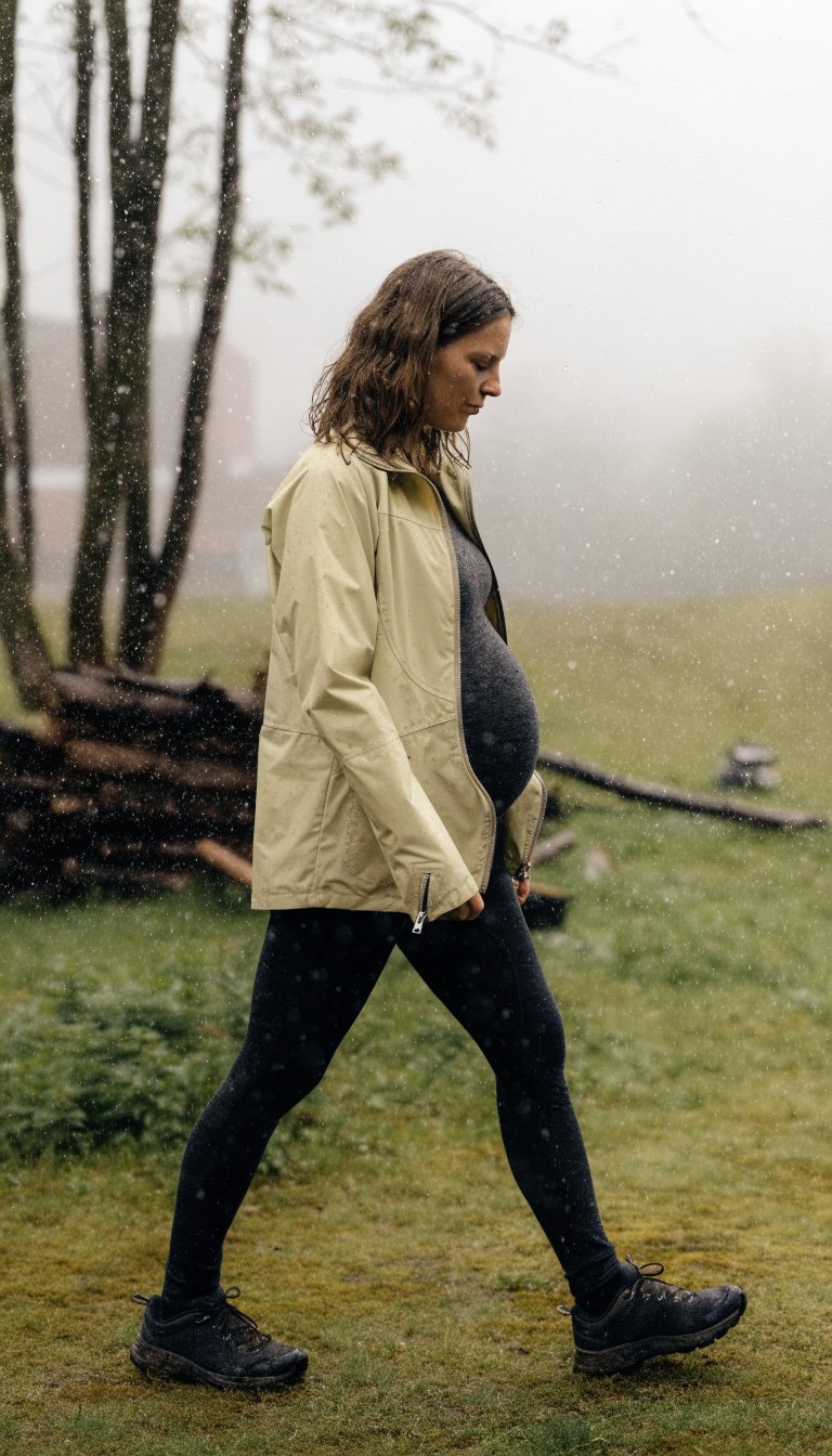 Pregnant woman in rain jacket with belly room walking in rain