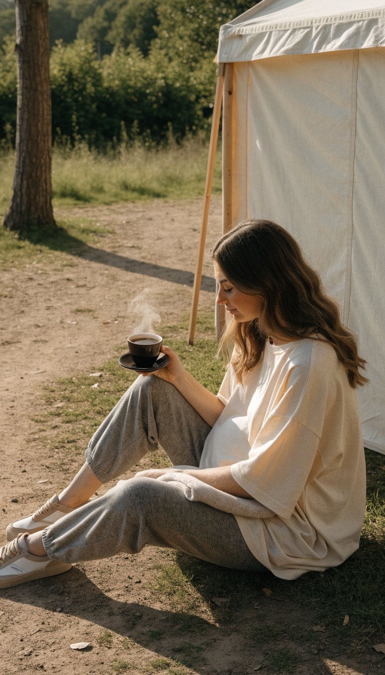 Pregnant woman in joggers and oversized tee relaxing at tent