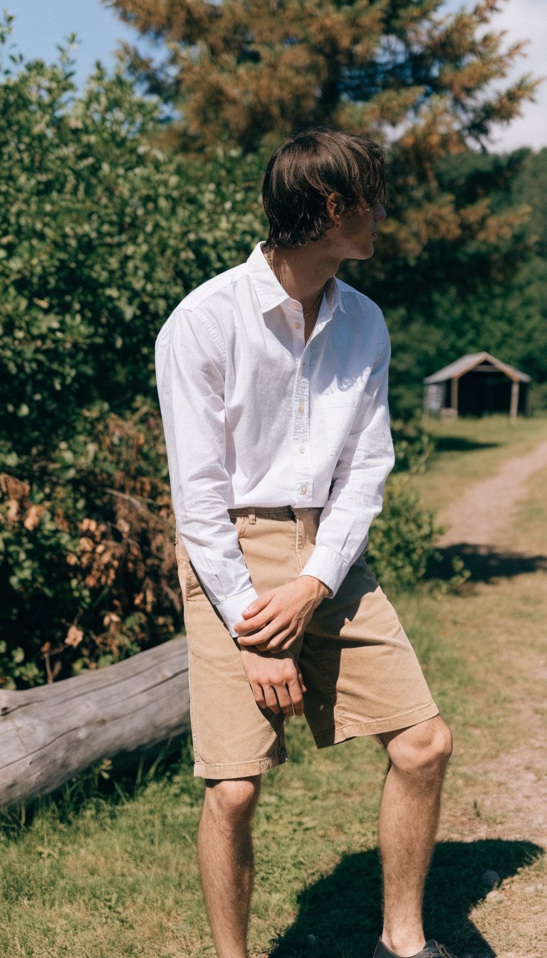 white oxford shirt with khaki shorts styled as preppy camping outfit at campsite