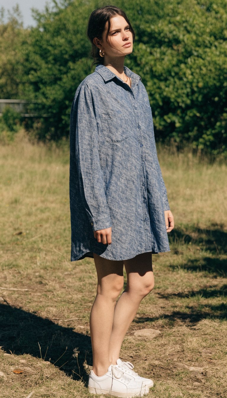 chambray shirtdress with white sneakers easy preppy basecamp dress outfit