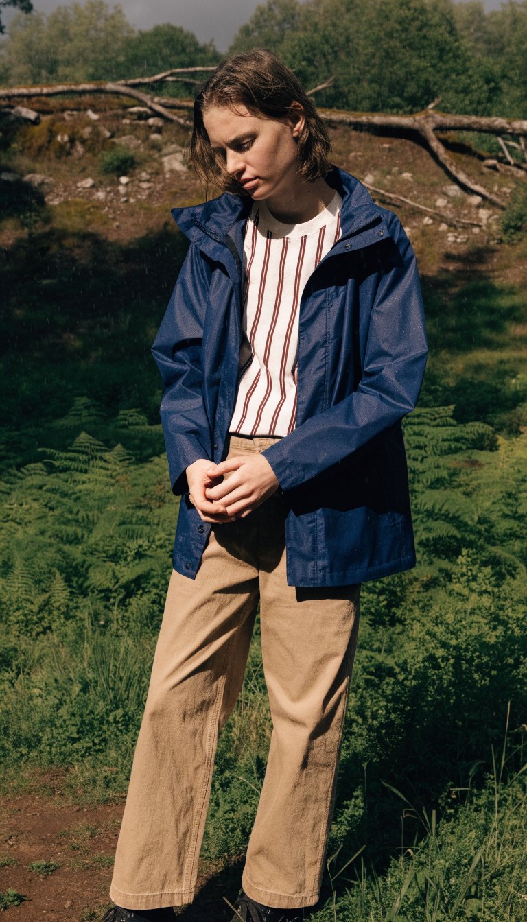 navy rain shell over striped tee with khaki pants for rainy camping day