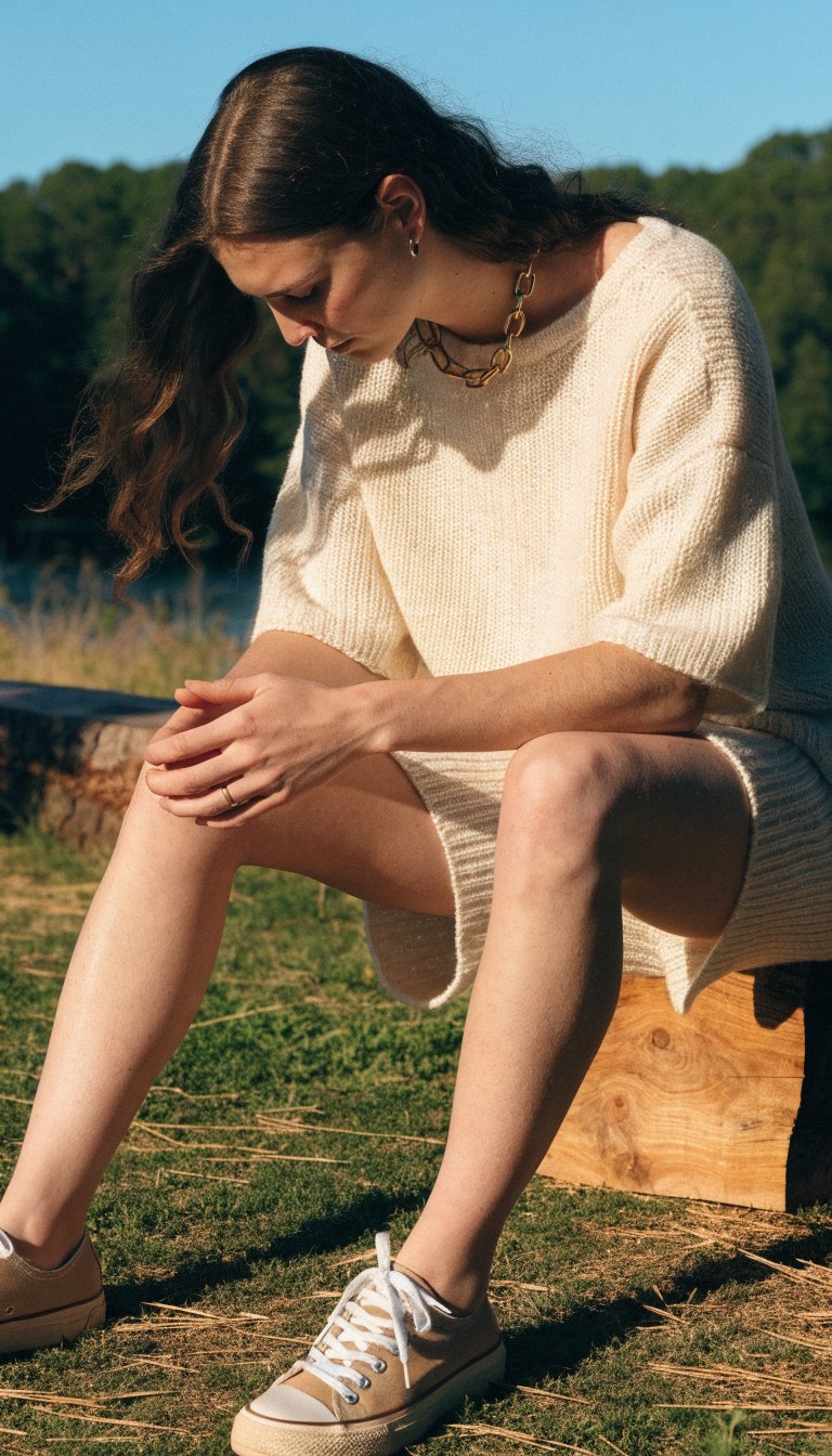 cream matching knit shorts set with canvas sneakers for lazy campsite morning