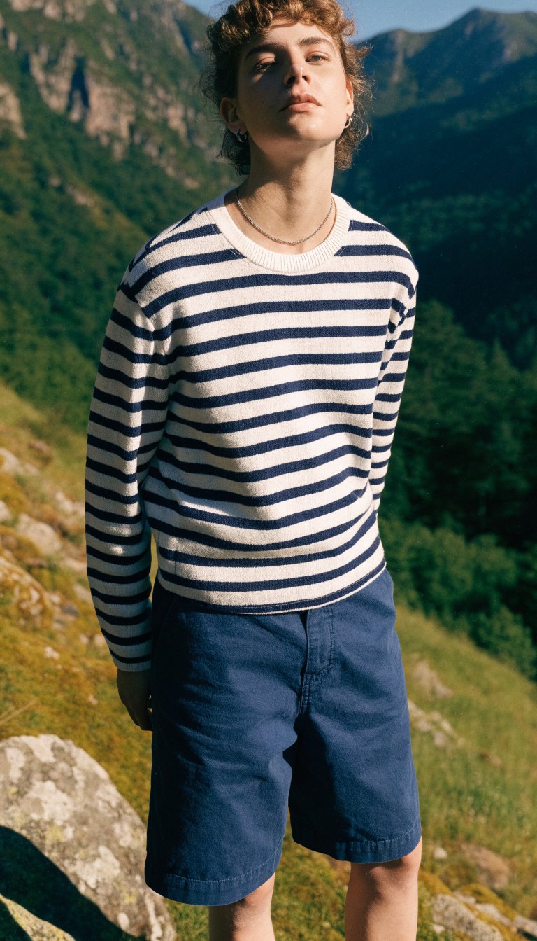 striped Breton top with navy chino shorts preppy camping trail outfit