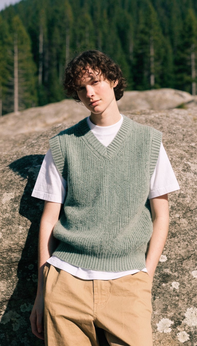 sage sweater vest over white tee with khaki pants for cool camp mornings