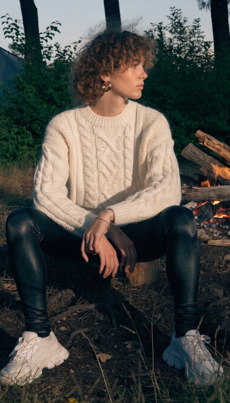 chunky cable knit sweater with black leggings cozy campfire preppy outfit