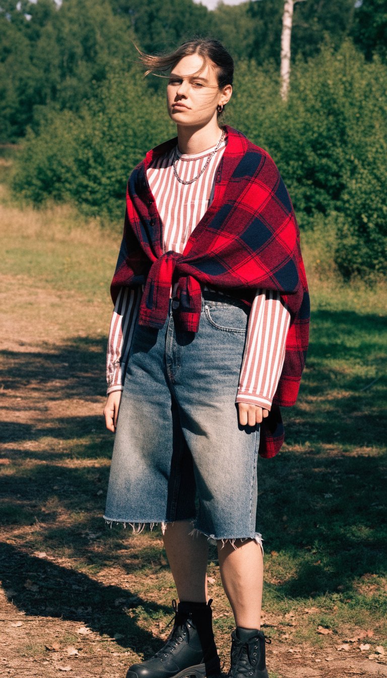 plaid flannel tied at waist over striped tee with denim shorts for camping